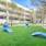 Central courtyard with blue lounge chairs