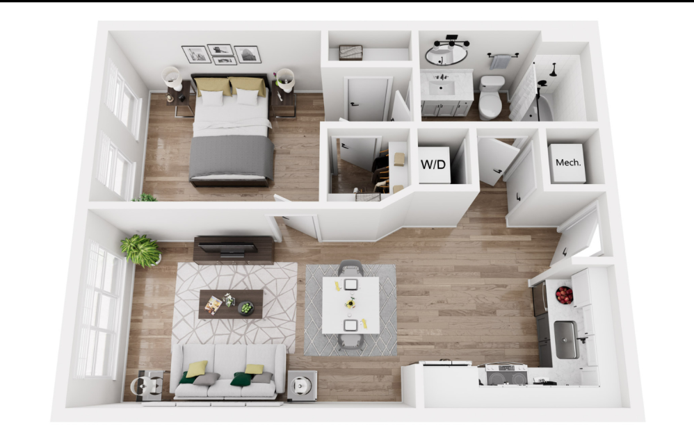 1A6R - Phase 1 Renovated - 1 bedroom floor plan layout with 1 bathroom and 638 square feet (3D)