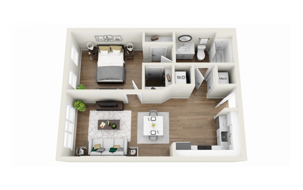 1A6R - Phase 1 Renovated - 1 bedroom floor plan layout with 1 bathroom and 638 square feet (3D)