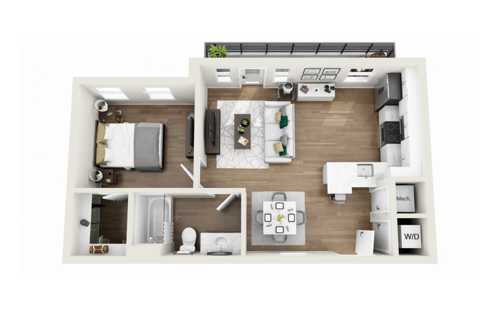 1A7R - Phase 1 Renovated - 1 bedroom floor plan layout with 1 bathroom and 653 square feet (3D)