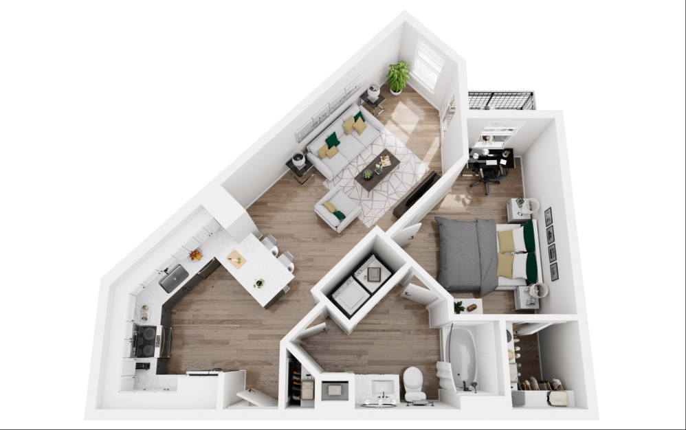 1A8R - Phase 1 Renovated - 1 bedroom floor plan layout with 1 bathroom and 691 square feet (3D)