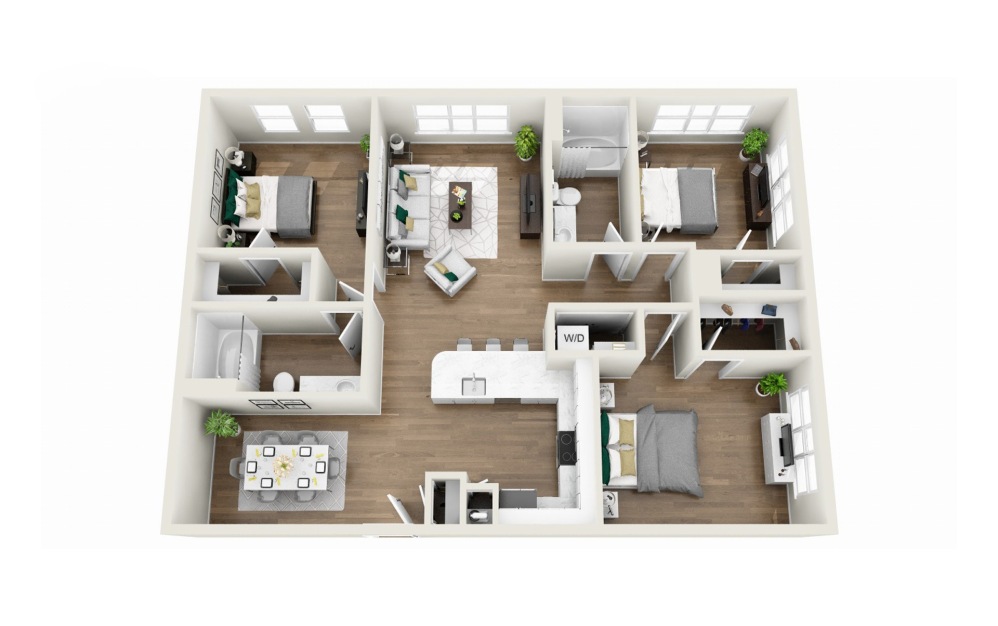 1C1R - Phase 1 Renovated - 3 bedroom floor plan layout with 2 bathrooms and 1370 square feet (3D)