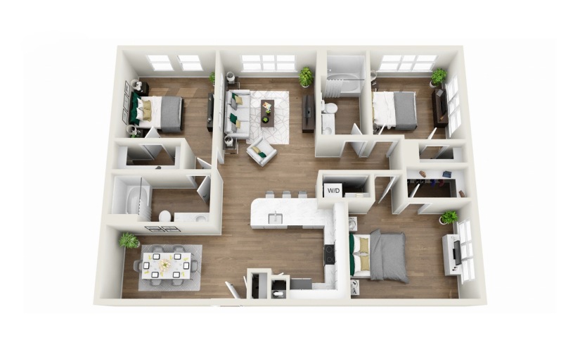 1C1R - Phase 1 Renovated - 3 bedroom floor plan layout with 2 bathrooms and 1370 square feet