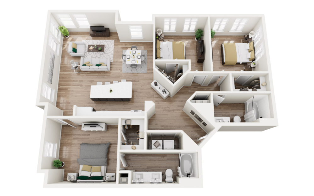1C3R - Phase One Renovated - 3 bedroom floor plan layout with 2 bathrooms and 1454 square feet (3D)