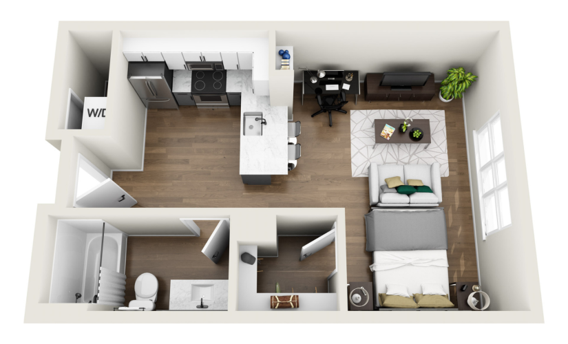 1S1R - Phase 1 Renovated - Studio floor plan layout with 1 bathroom and 495 square feet