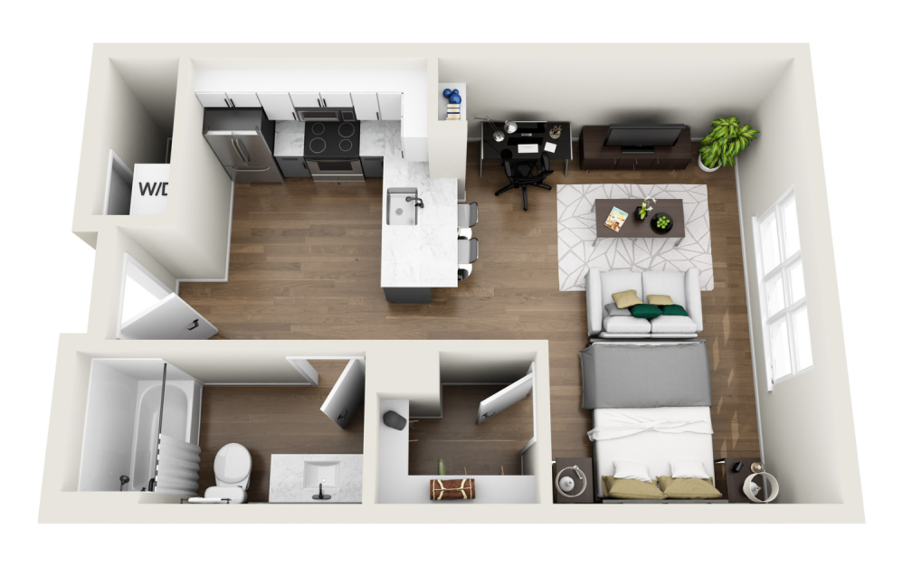 1S1R - Phase 1 Renovated - Studio floor plan layout with 1 bathroom and 495 square feet (3D)