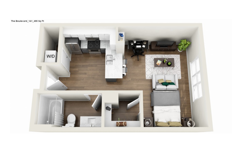 1S1R - Phase 1 Renovated - Studio floor plan layout with 1 bathroom and 495 square feet (3D)