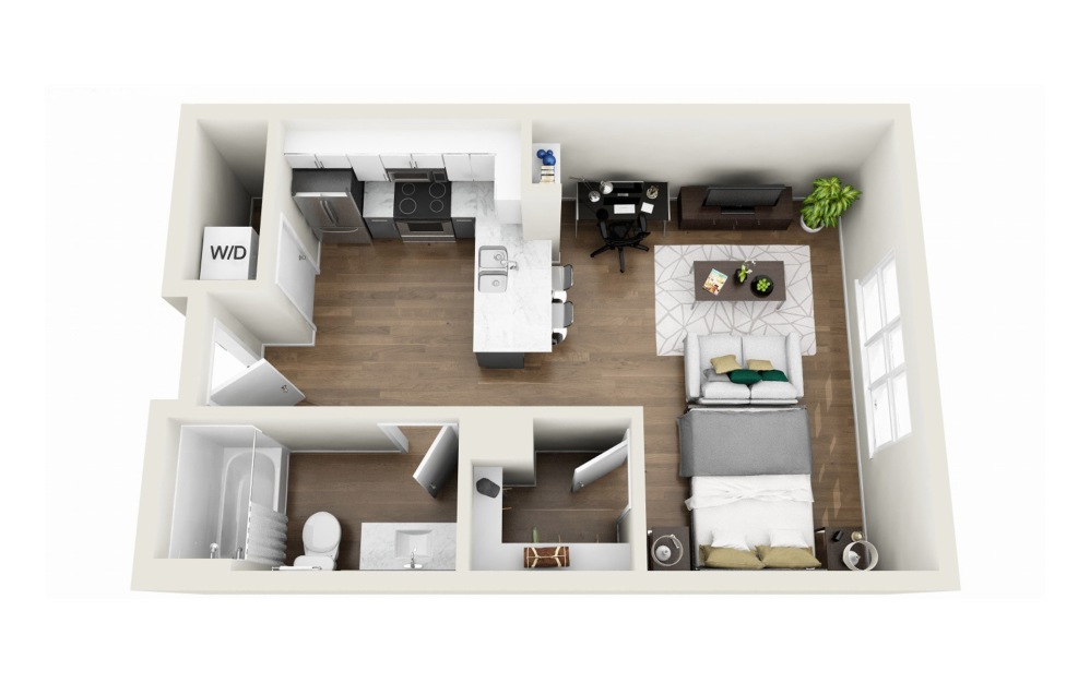 1S1R - Phase 1 Renovated - Studio floor plan layout with 1 bathroom and 495 square feet (3D)