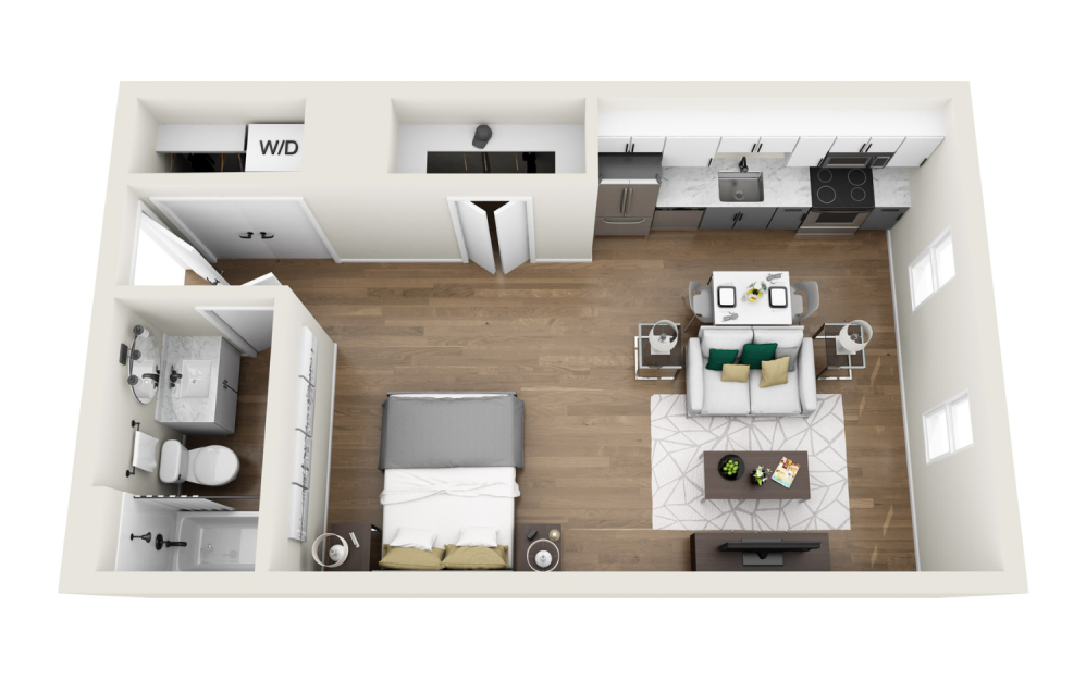 1S3R - Phase 1 Renovated - Studio floor plan layout with 1 bathroom and 551 square feet (3D)