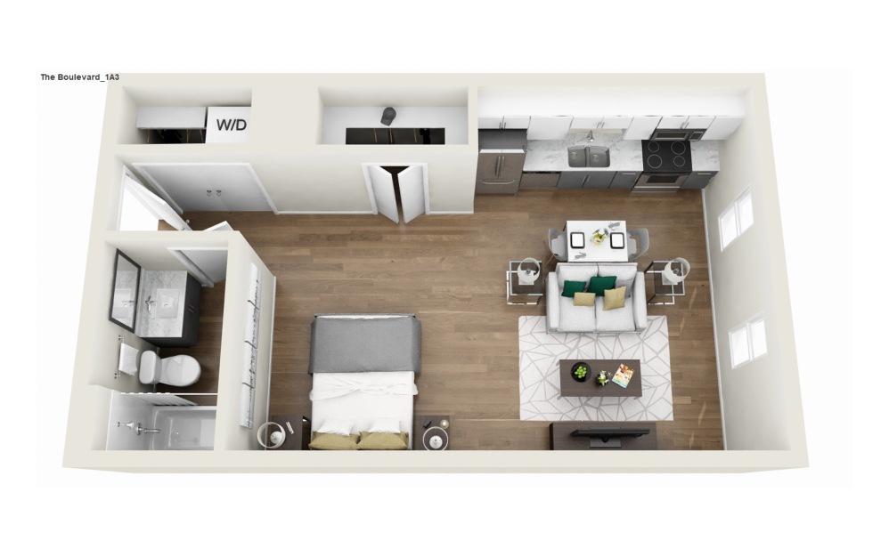 1S3R - Phase 1 Renovated - Studio floor plan layout with 1 bathroom and 551 square feet (3D)