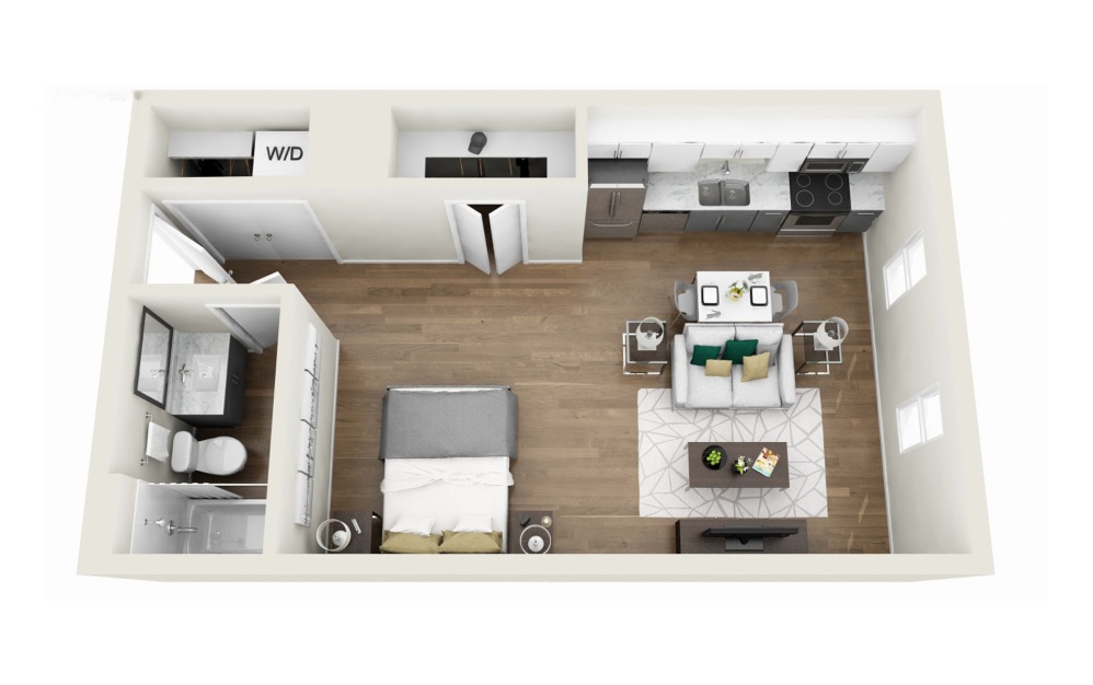 1S3R - Phase 1 Renovated - Studio floor plan layout with 1 bathroom and 551 square feet (3D)