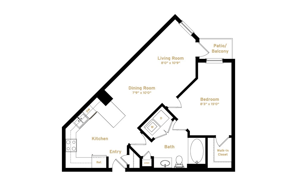 1A8 - 1 bedroom floorplan layout with 1 bath and 691 square feet. (2D)