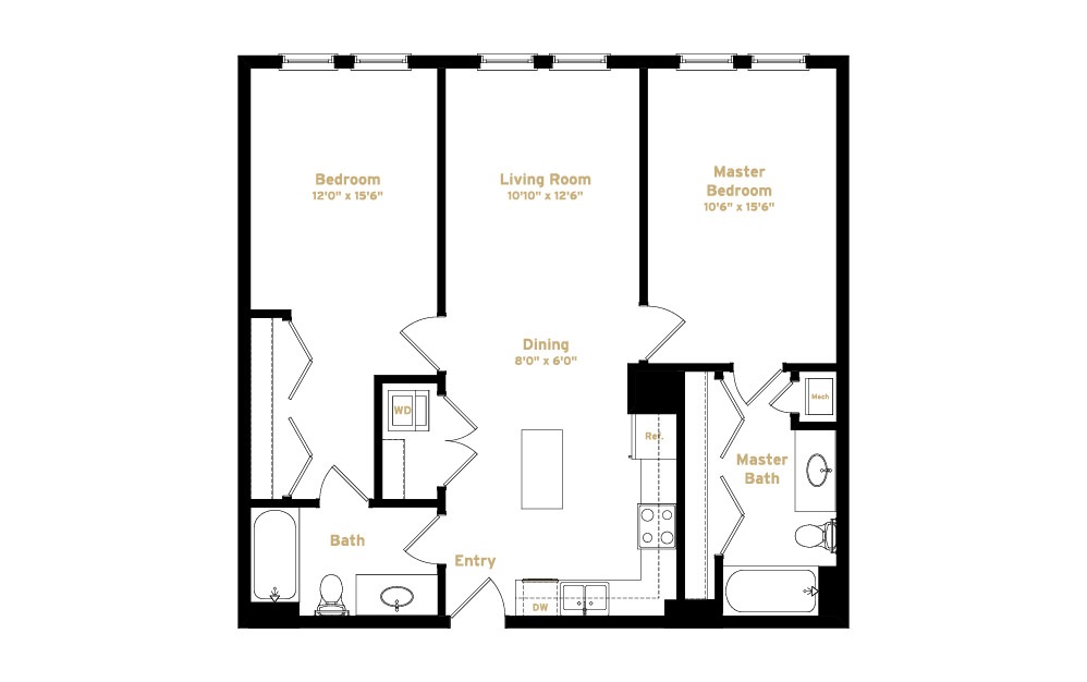 1B1R - Phase 1 Renovated - 2 bedroom floorplan layout with 2 baths and 1023 square feet. (2D)