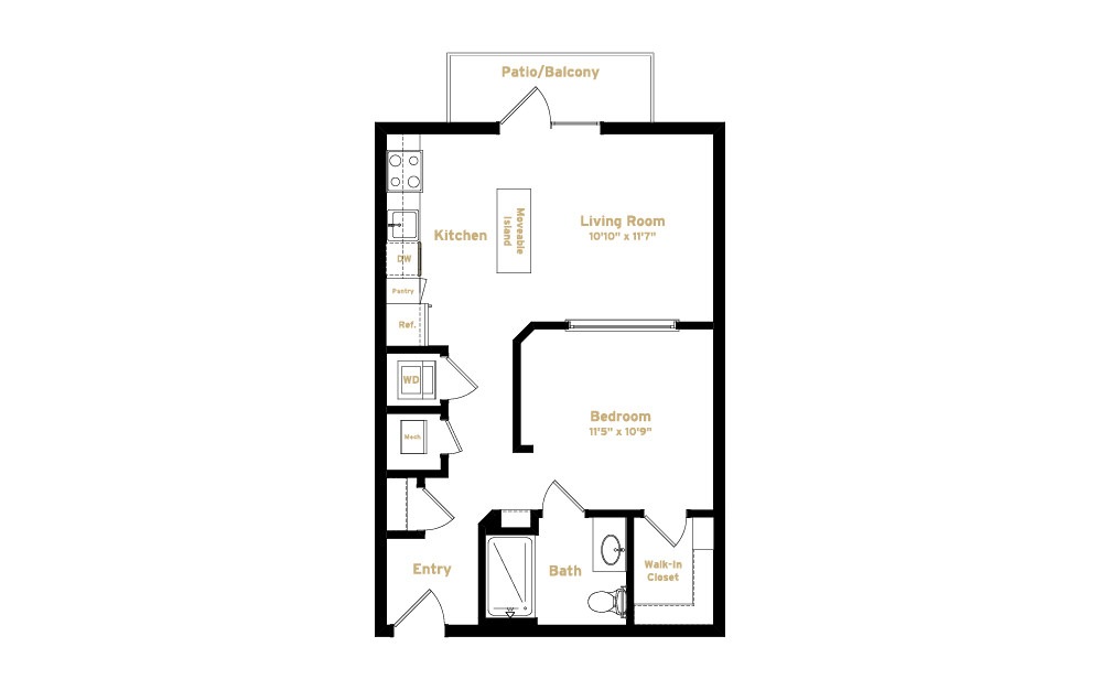 2A1 - Phase 2 Modern - Studio floorplan layout with 1 bath and 600 square feet. (2D)