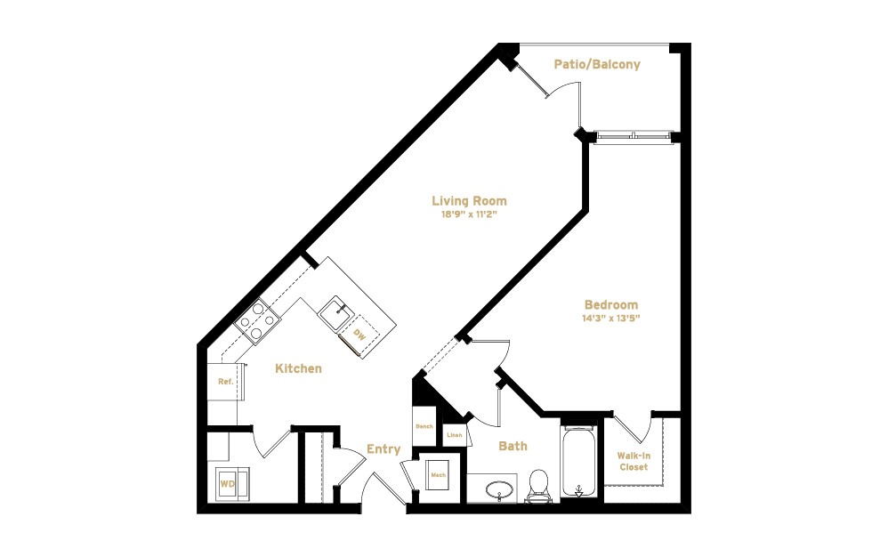 2A4 - 1 bedroom floorplan layout with 1 bath and 742 square feet. (2D)