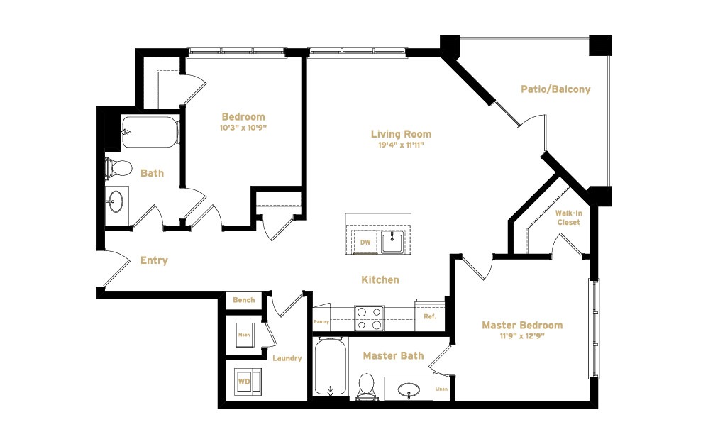 2B3 - 2 bedroom floorplan layout with 2 baths and 1041 square feet. (2D)