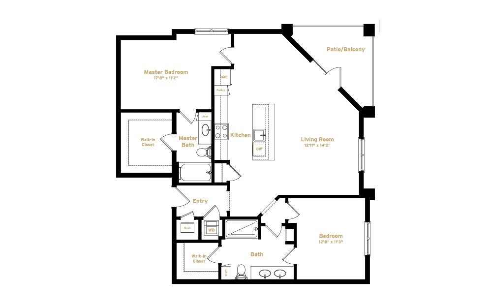2B5 - Phase 2 Modern - 2 bedroom floorplan layout with 2 baths and 1222 square feet. (2D)