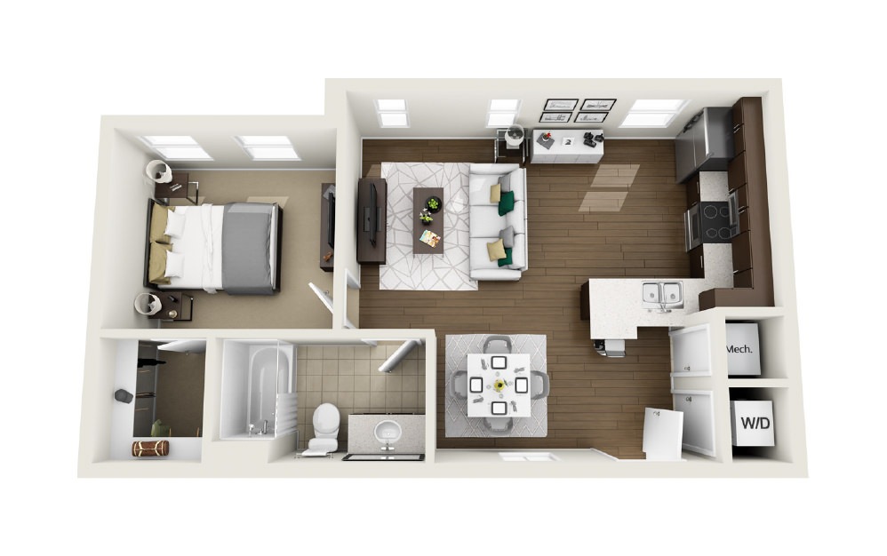 1A5 - Phase 1 Classic - 1 bedroom floorplan layout with 1 bath and 627 square feet. (3D)