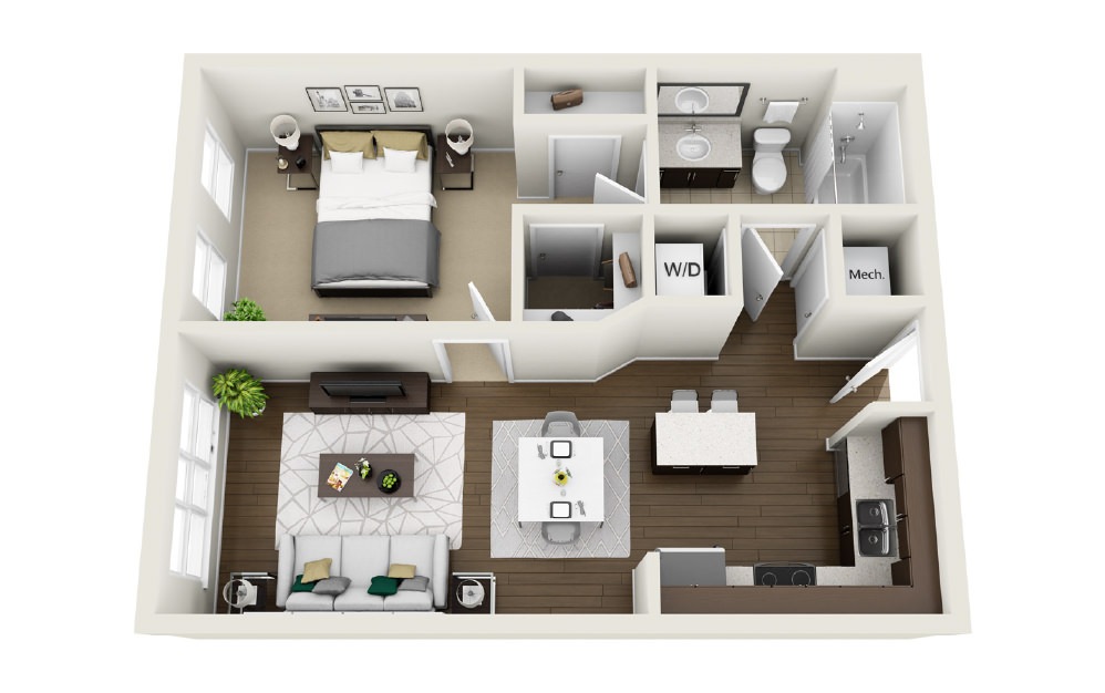 1A6 - Phase 1 Classic - 1 bedroom floorplan layout with 1 bath and 638 square feet. (3D)