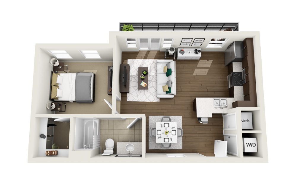 1A7 - Phase 1 Classic - 1 bedroom floorplan layout with 1 bath and 653 square feet. (3D)