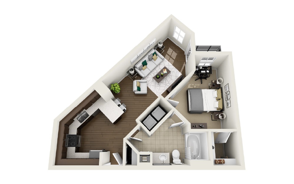 1A8 - Phase 1 Classic - 1 bedroom floorplan layout with 1 bath and 691 square feet. (3D)