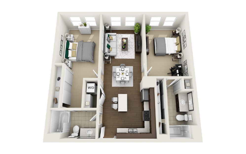 1B1 - Phase 1 Classic - 2 bedroom floorplan layout with 2 baths and 1023 square feet. (3D)