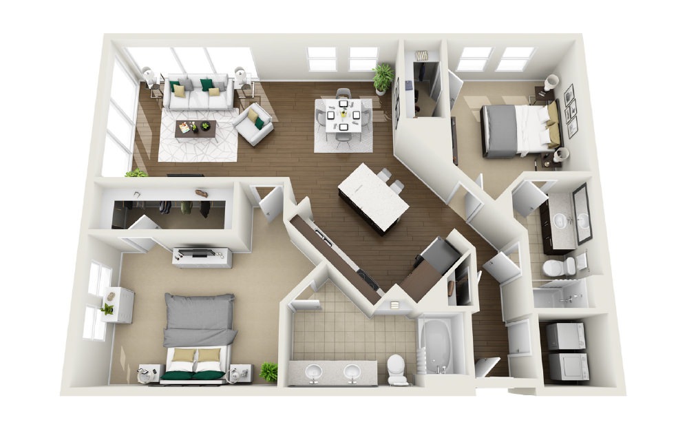 1B2 - Phase 1 Classic - 2 bedroom floorplan layout with 2 baths and 1370 square feet. (3D)