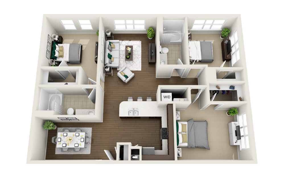 1C1 - Phase 1 Classic - 3 bedroom floorplan layout with 2 baths and 1370 square feet. (3D)