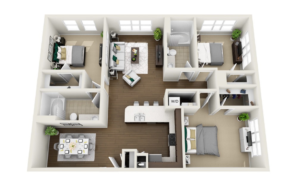 1C2 - Phase 1 Classic - 3 bedroom floorplan layout with 2 baths and 1472 square feet. (3D)