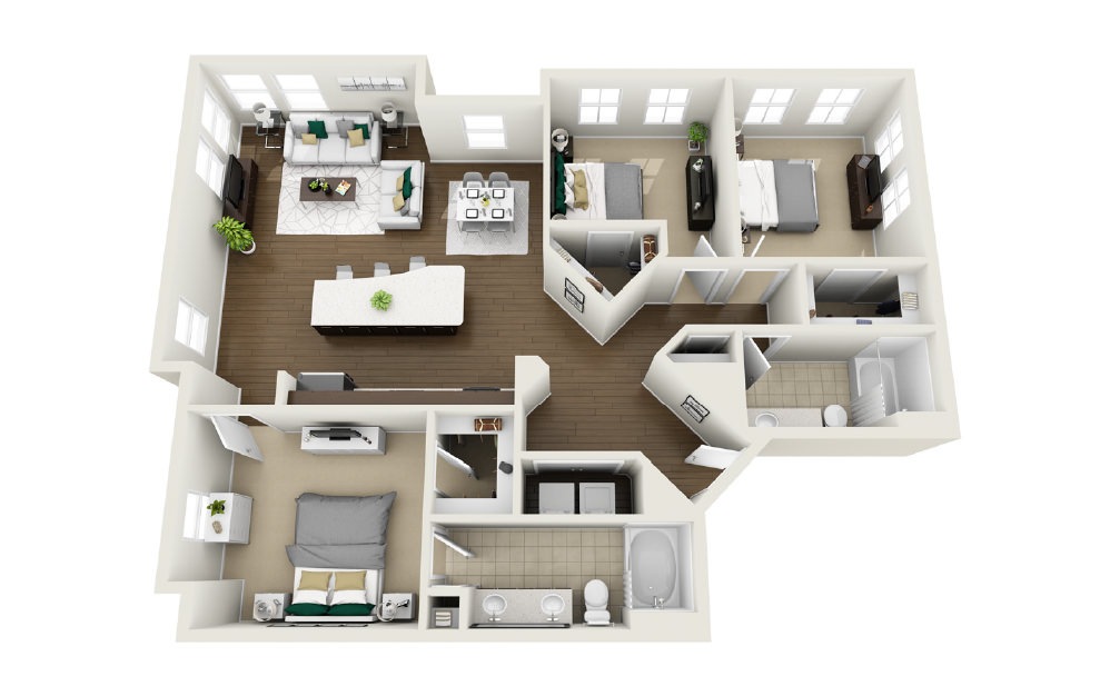 1C3 - Phase 1 Classic - 3 bedroom floorplan layout with 2 baths and 1454 square feet. (3D)