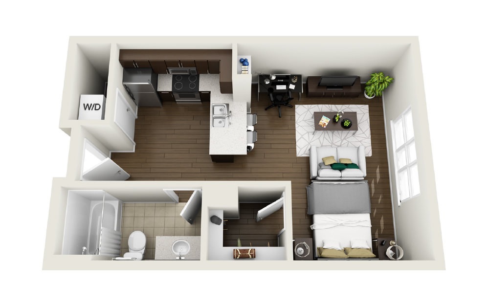 1S1 - Phase 1 Classic - Studio floorplan layout with 1 bath and 495 square feet. (3D)