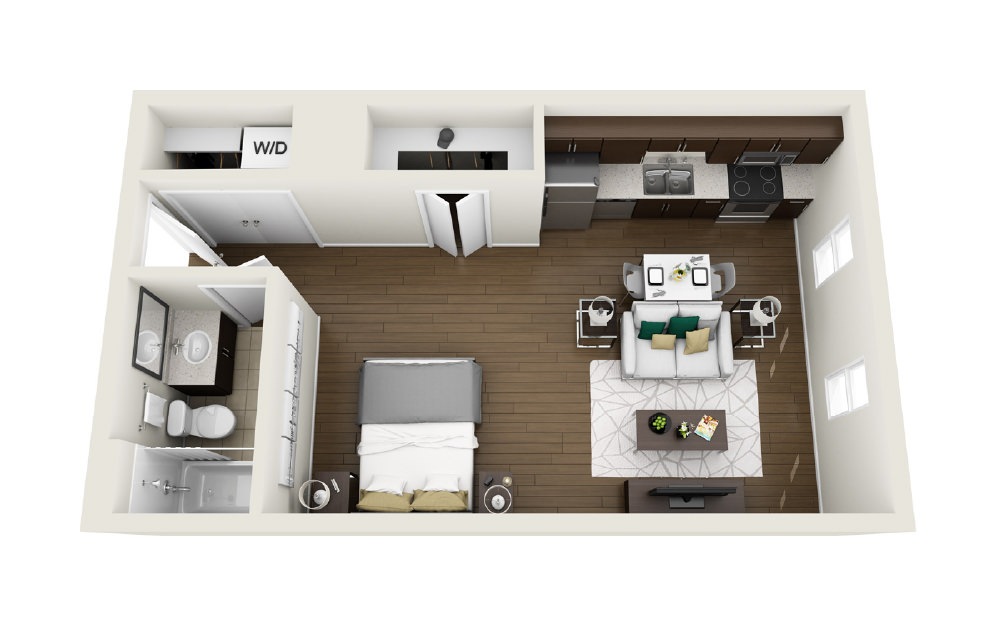 1S3 - Phase 1 Classic - Studio floorplan layout with 1 bath and 551 square feet. (3D)