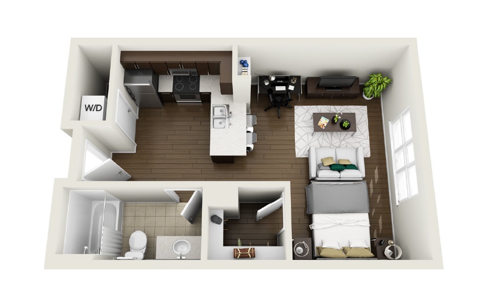 1S4 - Phase 1 Classic - Studio floorplan layout with 1 bath and 562 square feet. (3D)