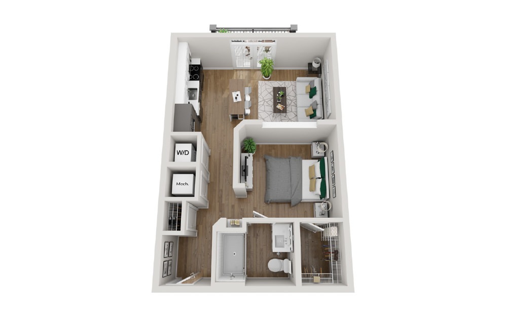 2A1 - Phase 2 Modern - Studio floorplan layout with 1 bath and 600 square feet. (3D)