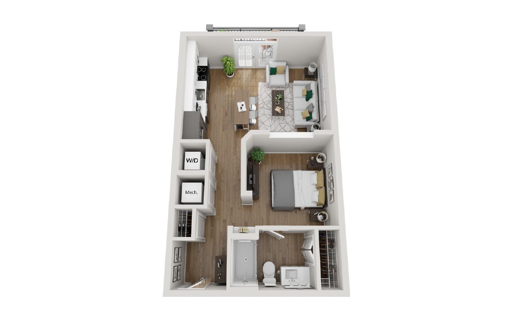 2A2 - Phase 2 Modern - Studio floorplan layout with 1 bath and 640 square feet. (3D)