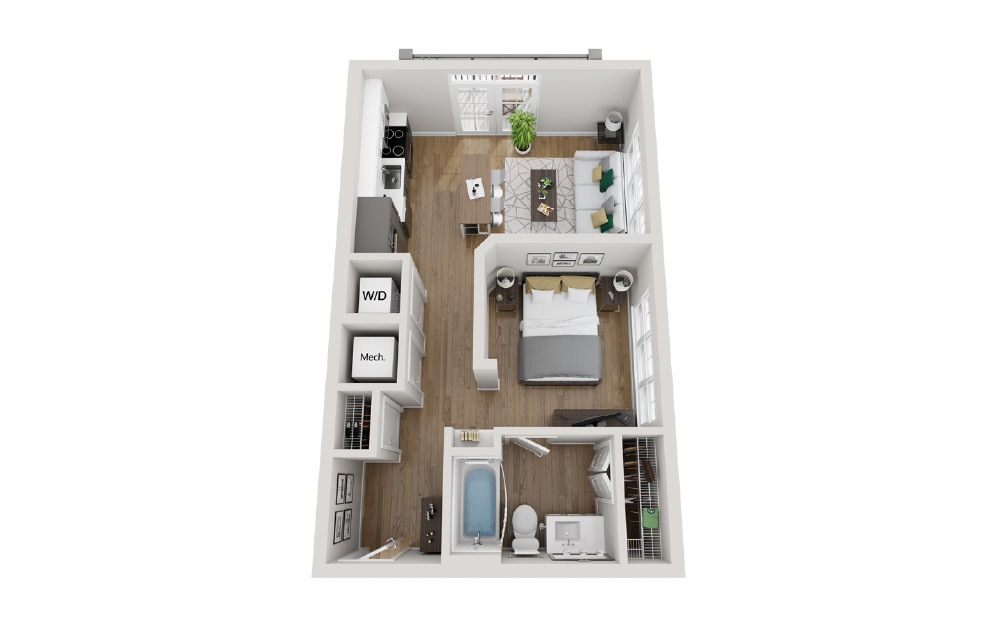 2A3 - Phase 2 Modern - Studio floorplan layout with 1 bath and 560 square feet. (3D)