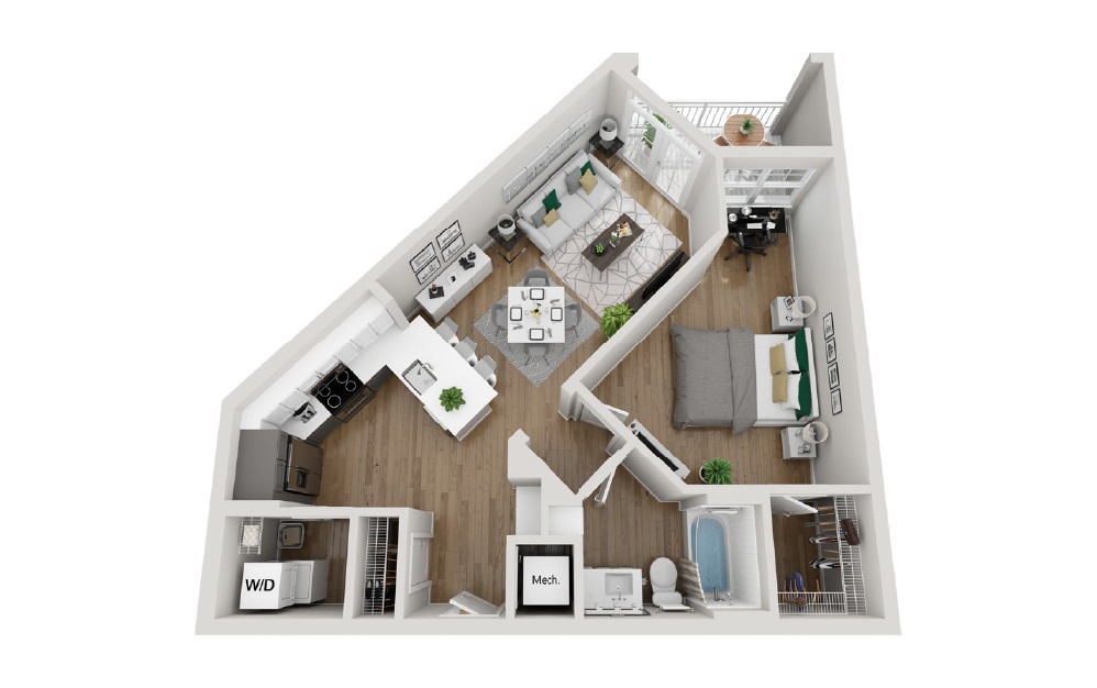 2A4 - Phase 2 Modern - 1 bedroom floorplan layout with 1 bath and 742 square feet. (3D)