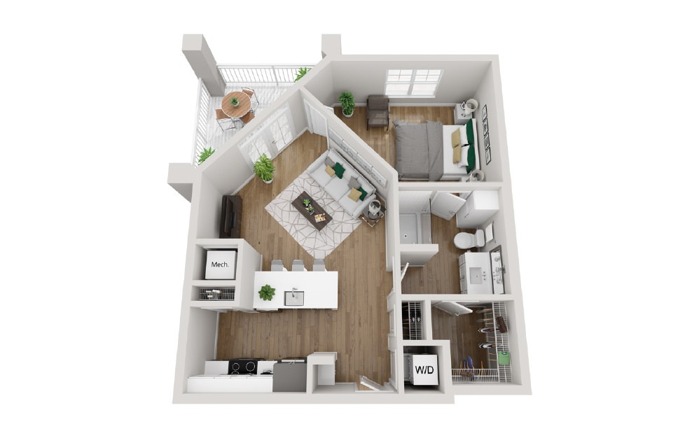 2A6 - Phase 2 Modern - 1 bedroom floorplan layout with 1 bath and 675 square feet. (3D)