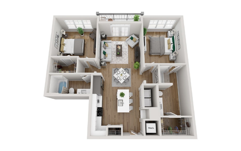 2B1 - Phase 2 Modern - 2 bedroom floorplan layout with 2 baths and 1143 square feet. (3D)