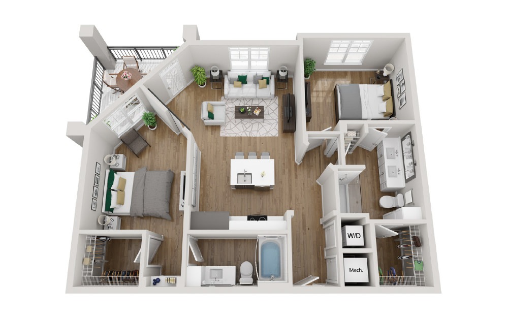 2B2 - Phase 2 Modern - 2 bedroom floorplan layout with 2 baths and 1041 square feet. (3D)