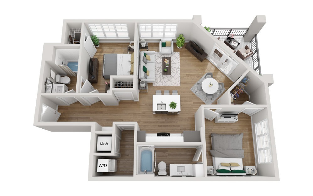 2B3 - Phase 2 Modern - 2 bedroom floorplan layout with 2 baths and 1041 square feet. (3D)