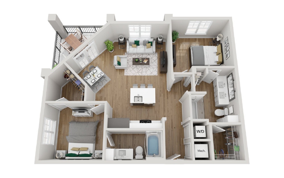 2B4 - Phase 2 Modern - 2 bedroom floorplan layout with 2 baths and 1048 square feet. (3D)