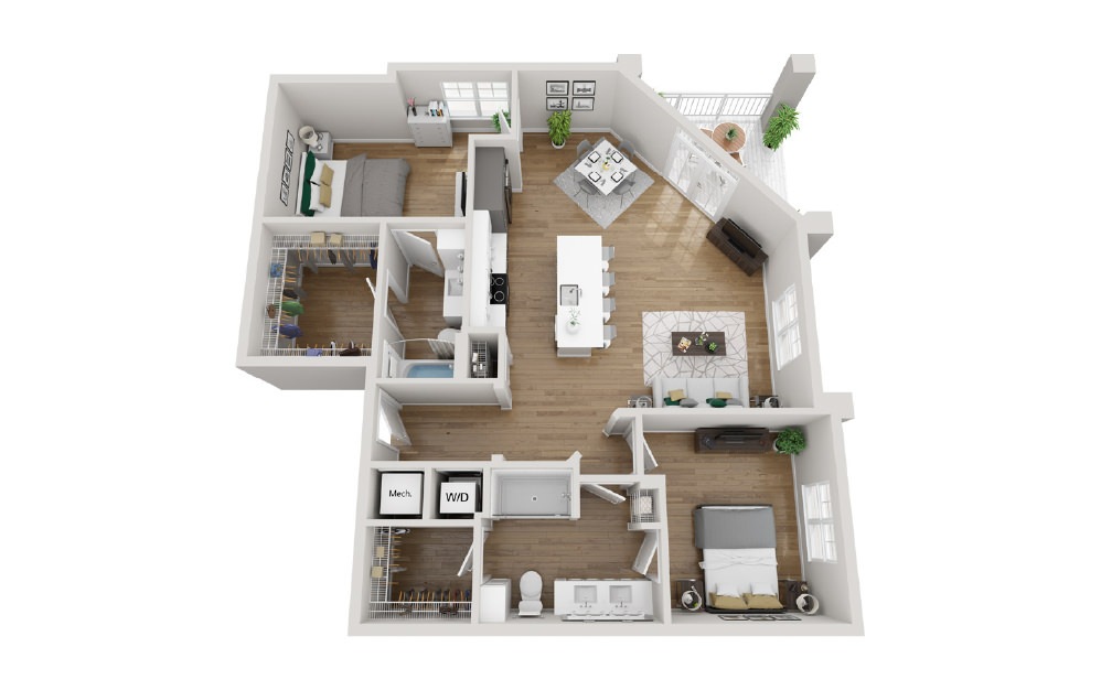 2B5 - Phase 2 Modern - 2 bedroom floorplan layout with 2 baths and 1222 square feet. (3D)