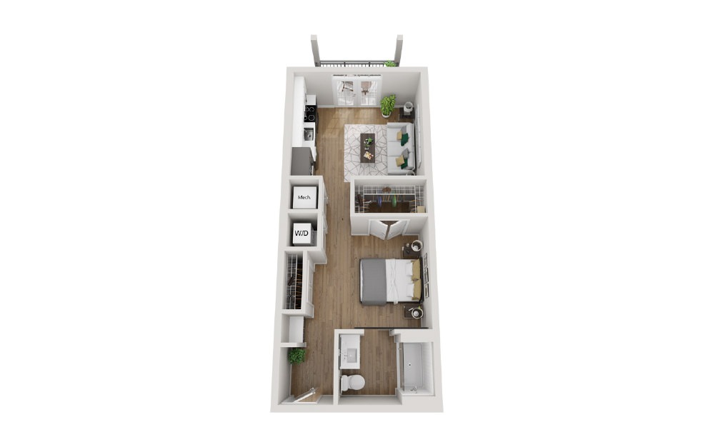 2S1 - Phase 2 Modern - Studio floorplan layout with 1 bath and 566 square feet. (3D)