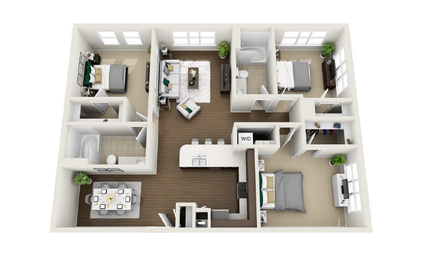1C1 - Phase 1 Classic - 3 bedroom floor plan layout with 2 bathrooms and 1370 square feet