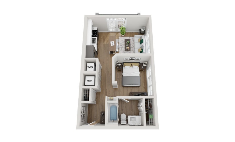 2A3 - Phase 2 Modern - Studio floor plan layout with 1 bathroom and 560 square feet