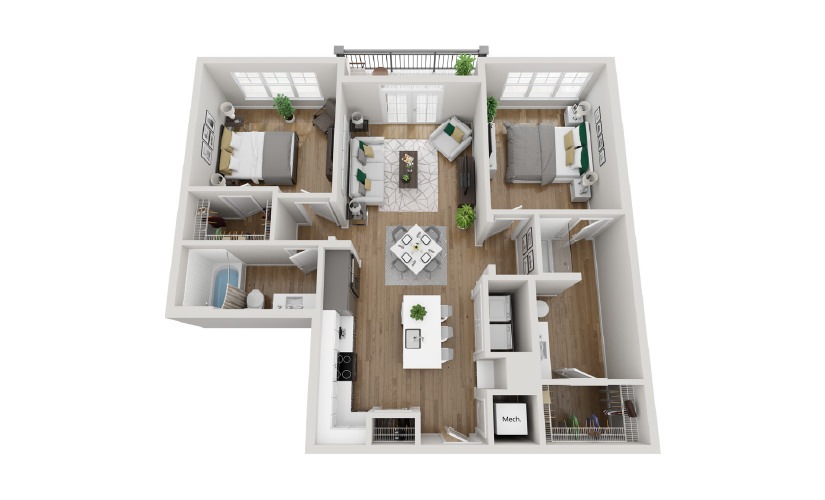 2B1 - Phase 2 Modern - 2 bedroom floor plan layout with 2 bathrooms and 1143 square feet